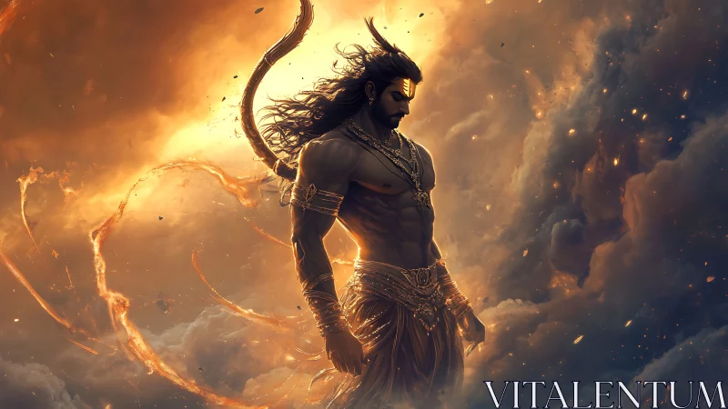 Divine warrior stands in blazing celestial storm of light