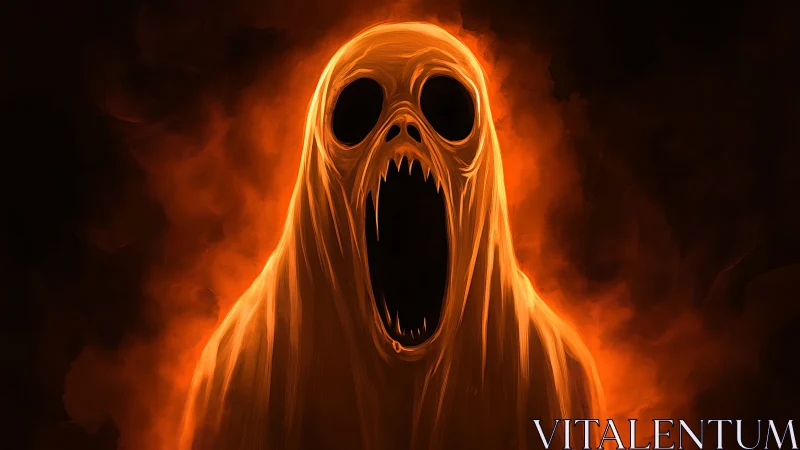 Flaming spectral figure with gaping mouth dominates frame