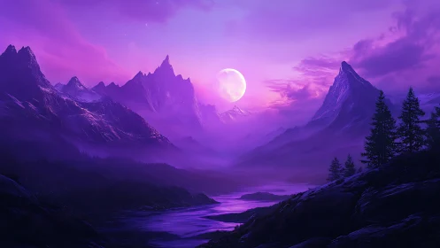 Vibrant purple mountain valley under glowing full moon.