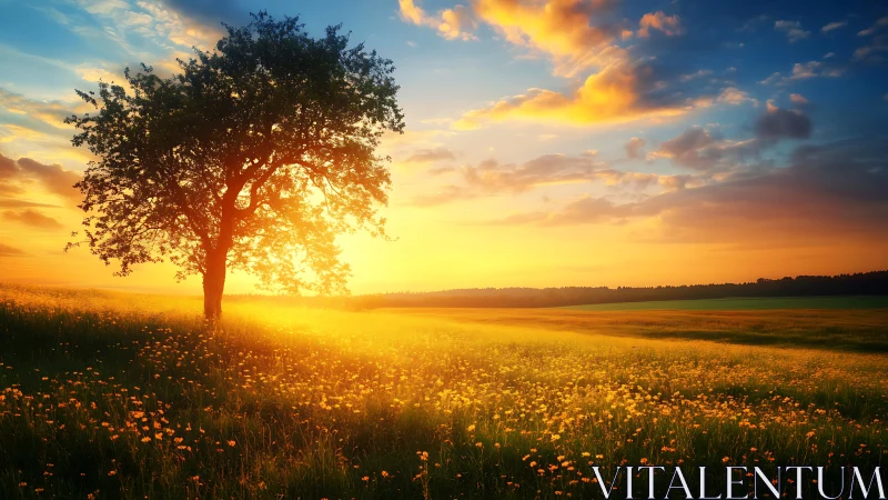 Solitary tree glows in golden light over a tranquil meadow