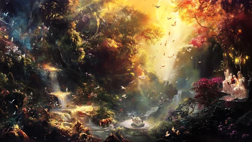 Enchanted forest sanctuary under radiant celestial light.