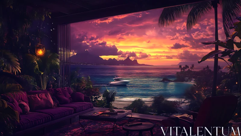 Luxurious tropical lounge overlooks neon-infused ocean sunset