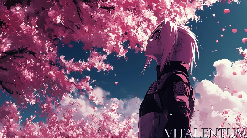 Anime character under sakura canopy in atmospheric profile study.