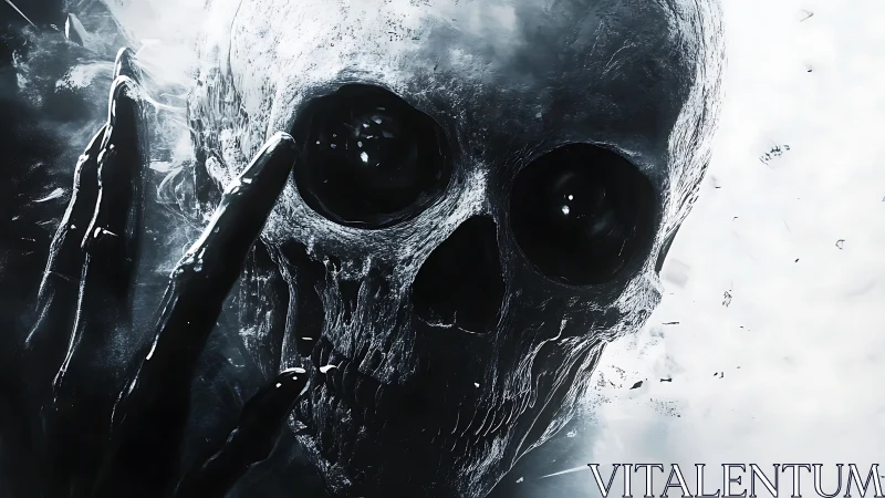 Dark skull close-up with glossy hand and harsh contrast.