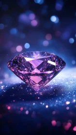 Violet-cut gemstone hovers above glittered bokeh surface
