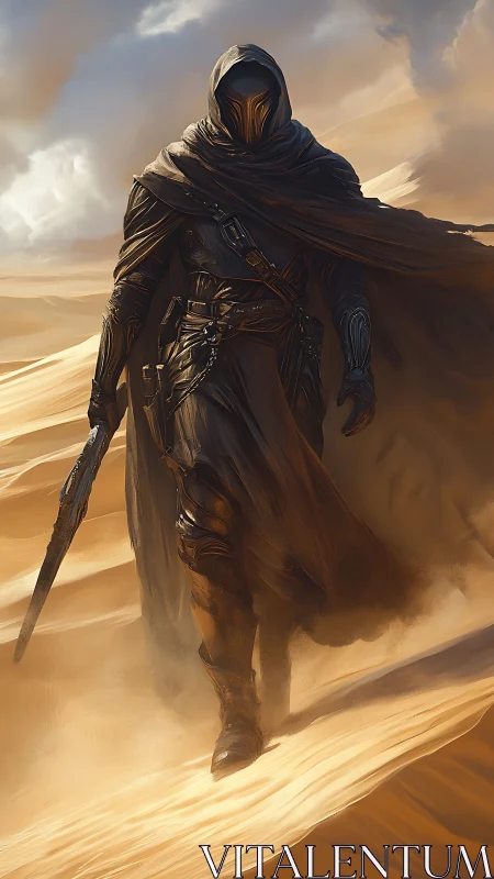 Hooded duskblade strides through sunlit storming dunes.