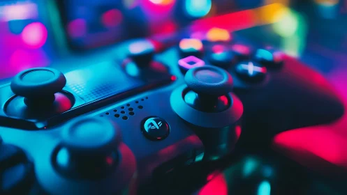 Gaming Controller Neon Close-Up. Cyberpunk Aesthetic.