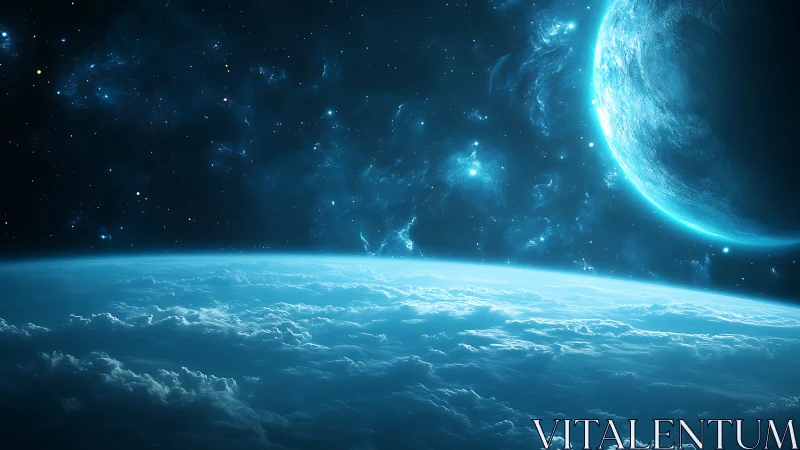 Luminous blue planet drifts above cloud-wreathed alien world