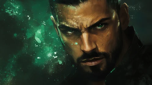 Brooding male portrait framed by emerald cosmic dust