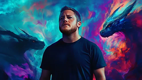Man stands between two luminous dragons in vivid colors