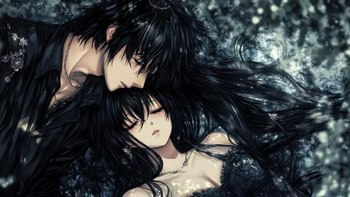 Dark-haired anime lovers resting under moonlit bokeh.