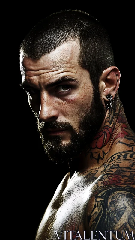 Low-key portrait of tattooed male subject with dramatic rim lighting.