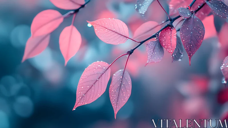 Branch with wet pink leaves is photographed in shallow focus