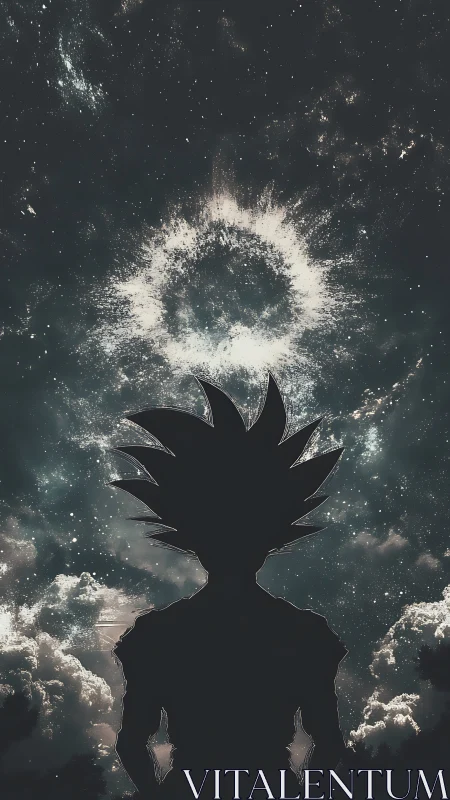 Silhouetted spiky‑haired warrior gazes into a cosmic halo.
