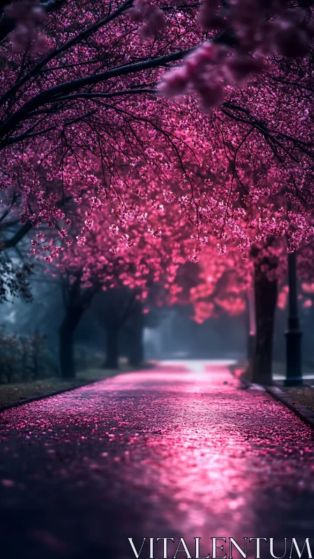 Rain-soaked cherry blossom path under luminous magenta canopy.