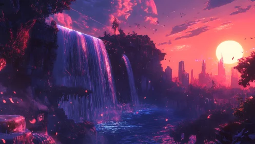 Neon-lit waterfalls before distant futuristic city at sunset.