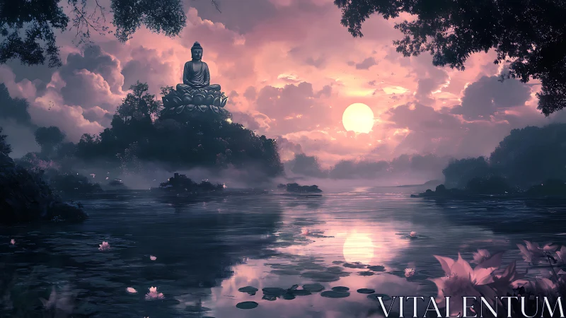 Buddha statue overlooks lotus lake under radiant sunset