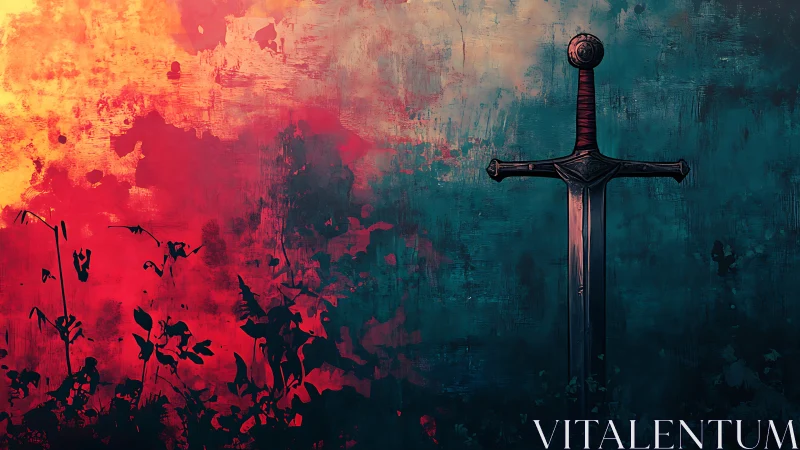Medieval sword silhouette against abstract fiery dusk field.