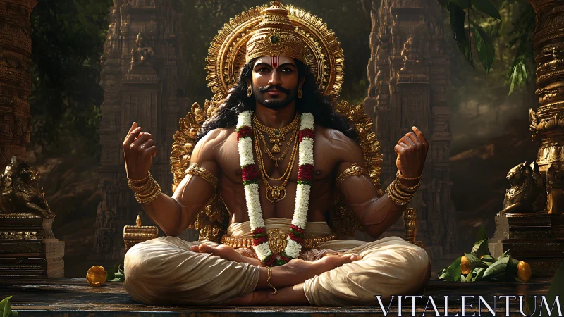 Regal warrior deity in seated meditation amid temple carvings.