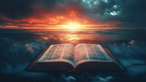 Sacred book adrift on glowing seascape at stormy sunset.