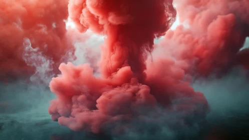 Crimson smoke plume rises through cool cyan mist.