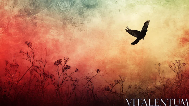 Silhouetted bird crosses textured gradient sky at dusk