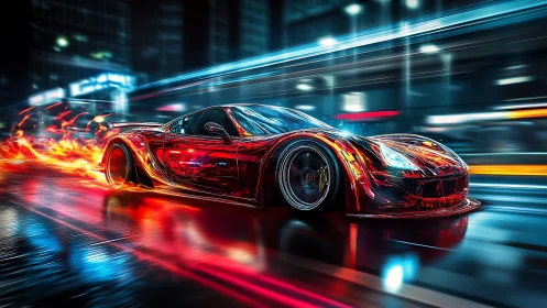 Hyperdynamic neon supercar with combustive motion trails.