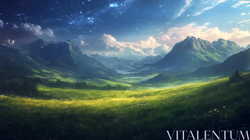 Luminous alpine valley under starry twilight sky panorama.