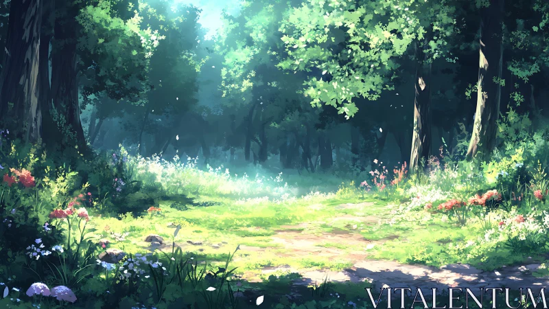 Sunlit Forest Glade with Wildflowers and Towering Trees
