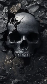 Dark metallic skull emerging through fractured rock surface.