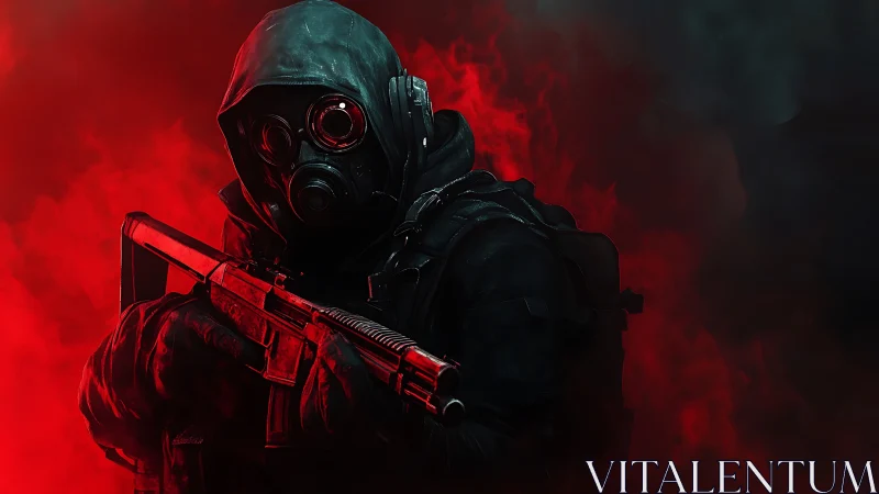 Masked soldier stands in red smoke with tactical shotgun.