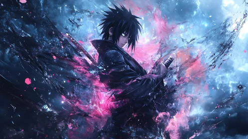 Stormforged swordsman ignites neon chaos in midnight sky.