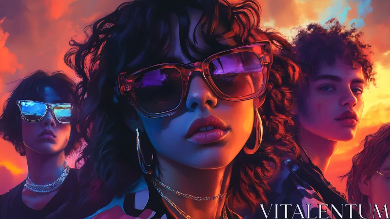 Group portrait of three youths in sunglasses at sunset.