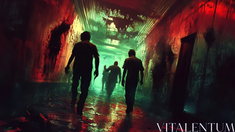 Backlit silhouettes in neon-tinged decayed hospital corridor