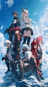 Seven anime adventurers on snowy summit under vivid sky