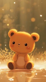 Cute plush bear sits in glowing pond under warm sunlight