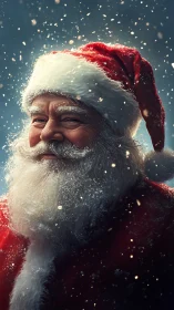 Warm-hearted Santa in softly falling Christmas snow.
