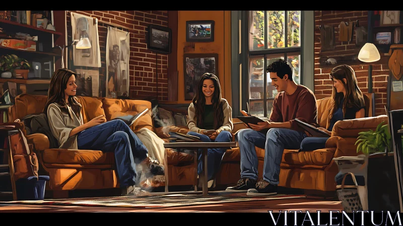 Group reading session in brick-walled living room interior.