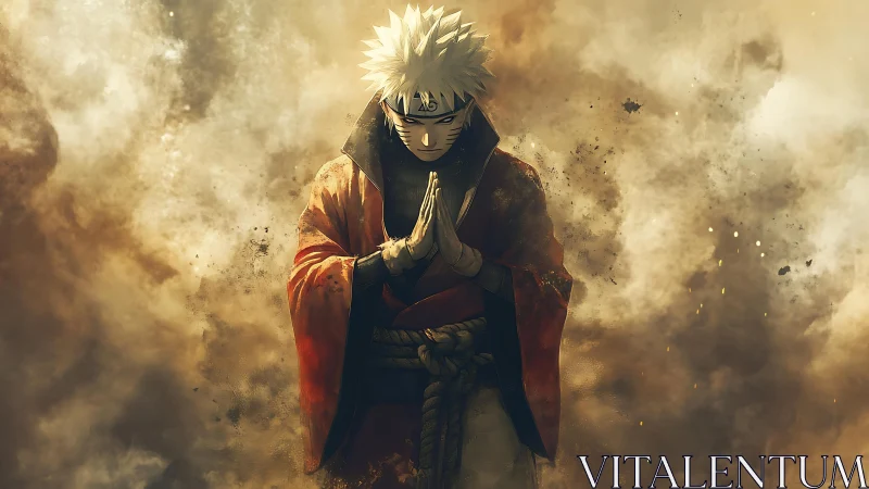 Meditating anime warrior centers within burning dust storm