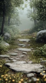 Stone Path Leading Through Misty Forest Serenity