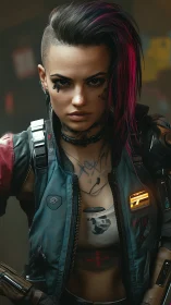 Cyberpunk street mercenary stares forward with neon defiance