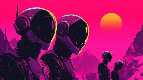 Neon-suited astronauts under magenta alien sunset horizon.