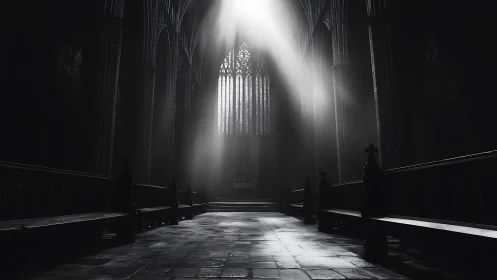 Monochrome nave interior with volumetric light and Gothic tracery