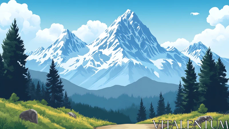 Snowy mountain range behind forest path under clear sky.