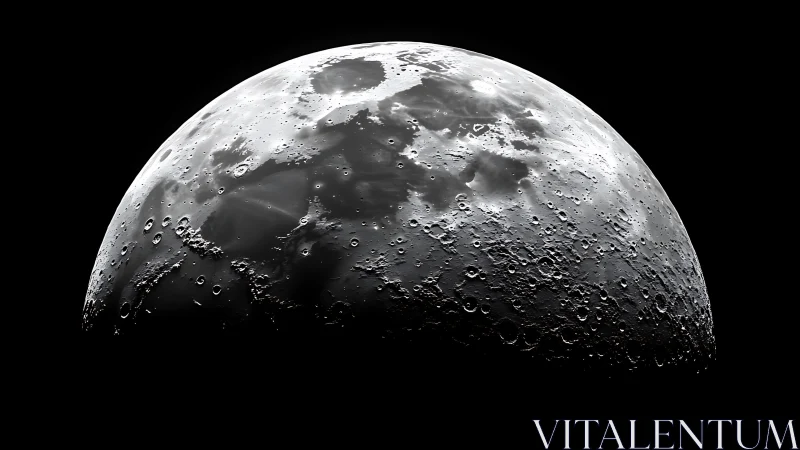 Monochrome lunar hemisphere in high-contrast photorealistic rendering.