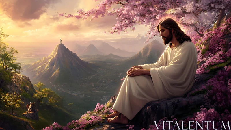 Serene robed figure contemplates valley beneath glowing dawn.