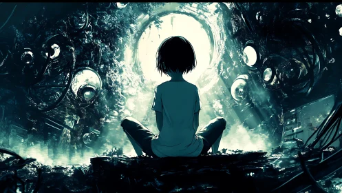 Young dreamer rests before a glowing sci fi gateway of wonder