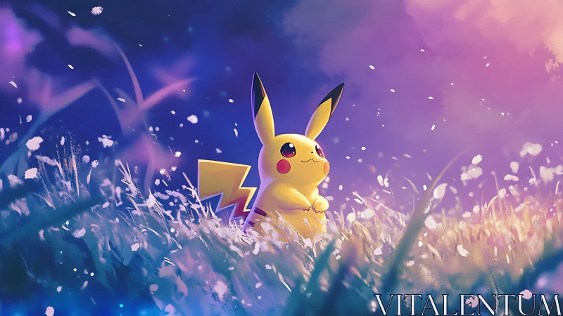 Pikachu in luminous dusk meadow with drifting petals and bokeh