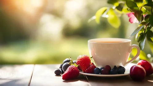 Morning sunlight toasts berries and tea in quiet garden hush
