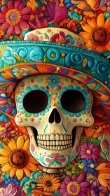 Vibrant sugar skull in ornate floral festival tapestry.